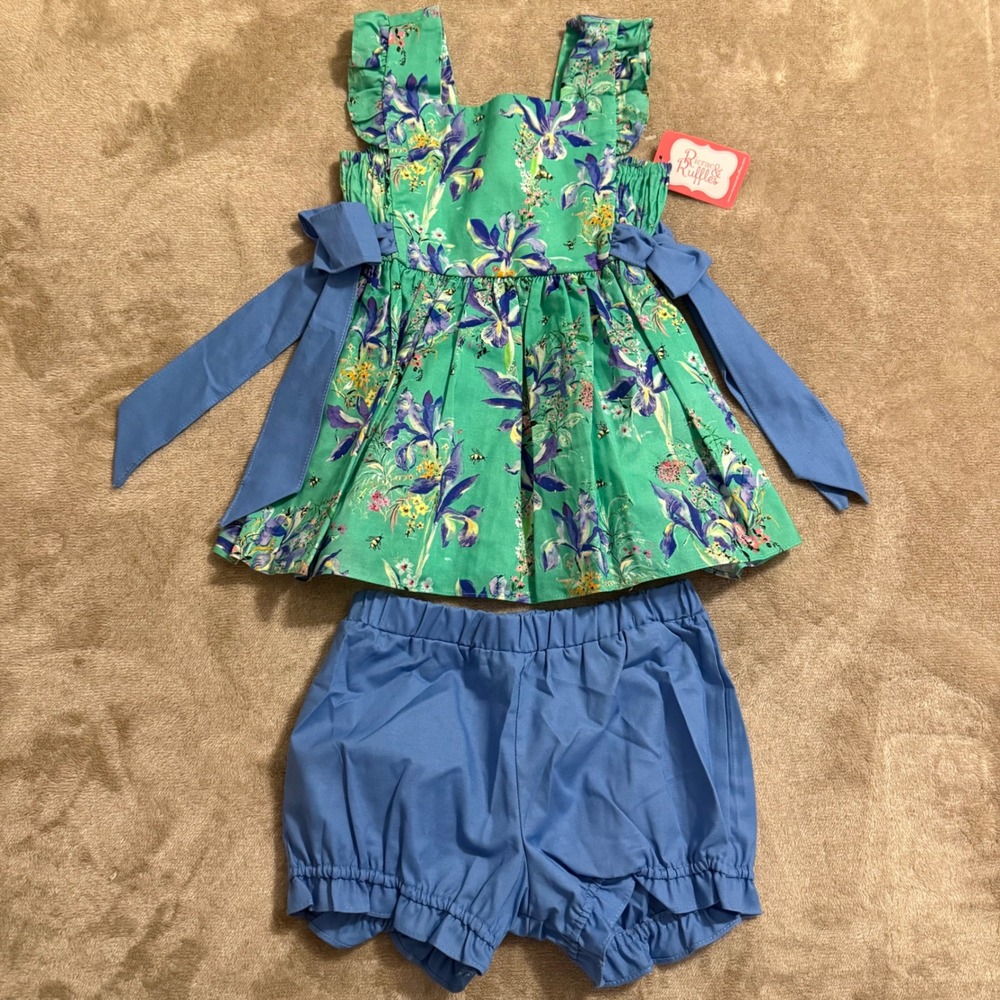 Ricrac & Ruffles Girls Floral Pinafore Bloomer Set Green Iris Bee Size 5 NWT